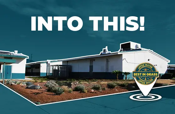 Photo of building with functional turf captioned "Into this"