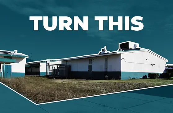 Photo of building with nonfunctional turf captioned "Turn this"
